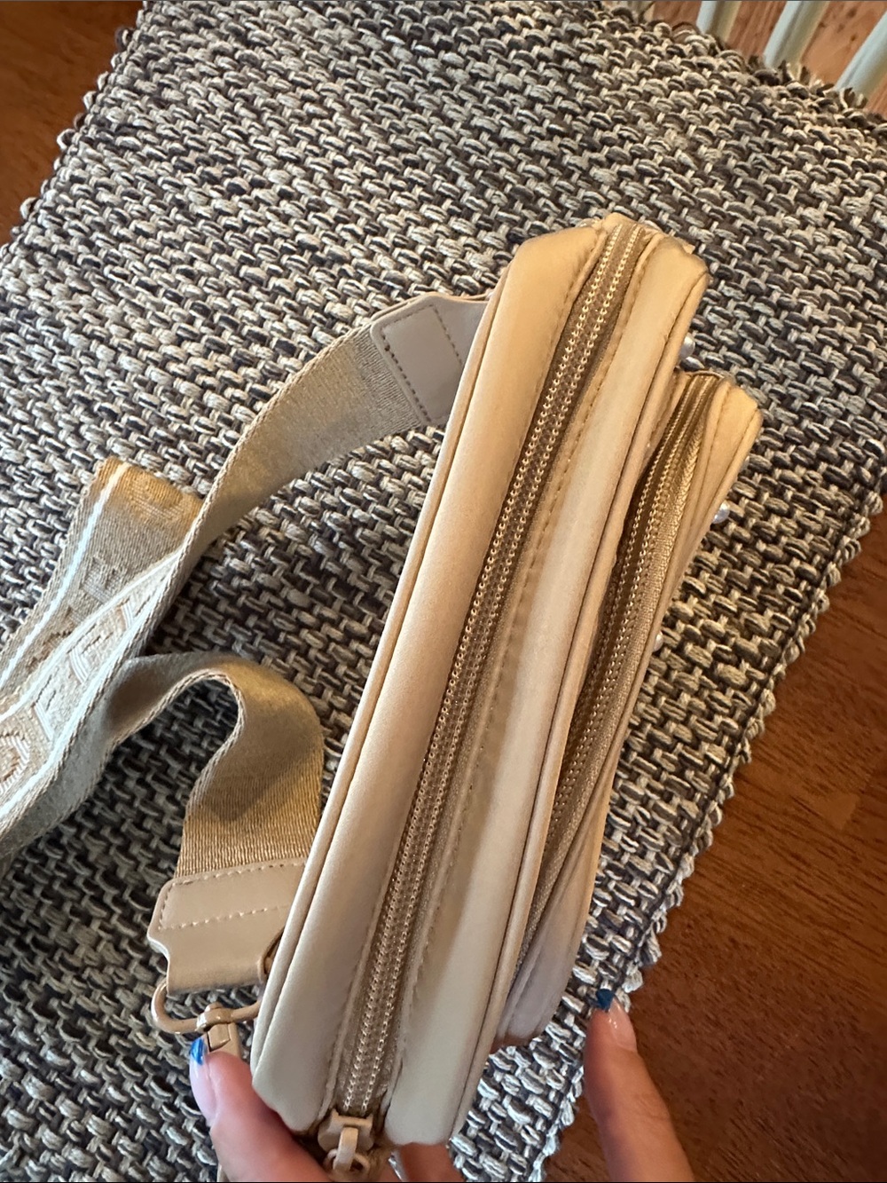 Pearl-Embellished Beige Crossbody Bag with Wide Logo Strap - Picture 2 of 4